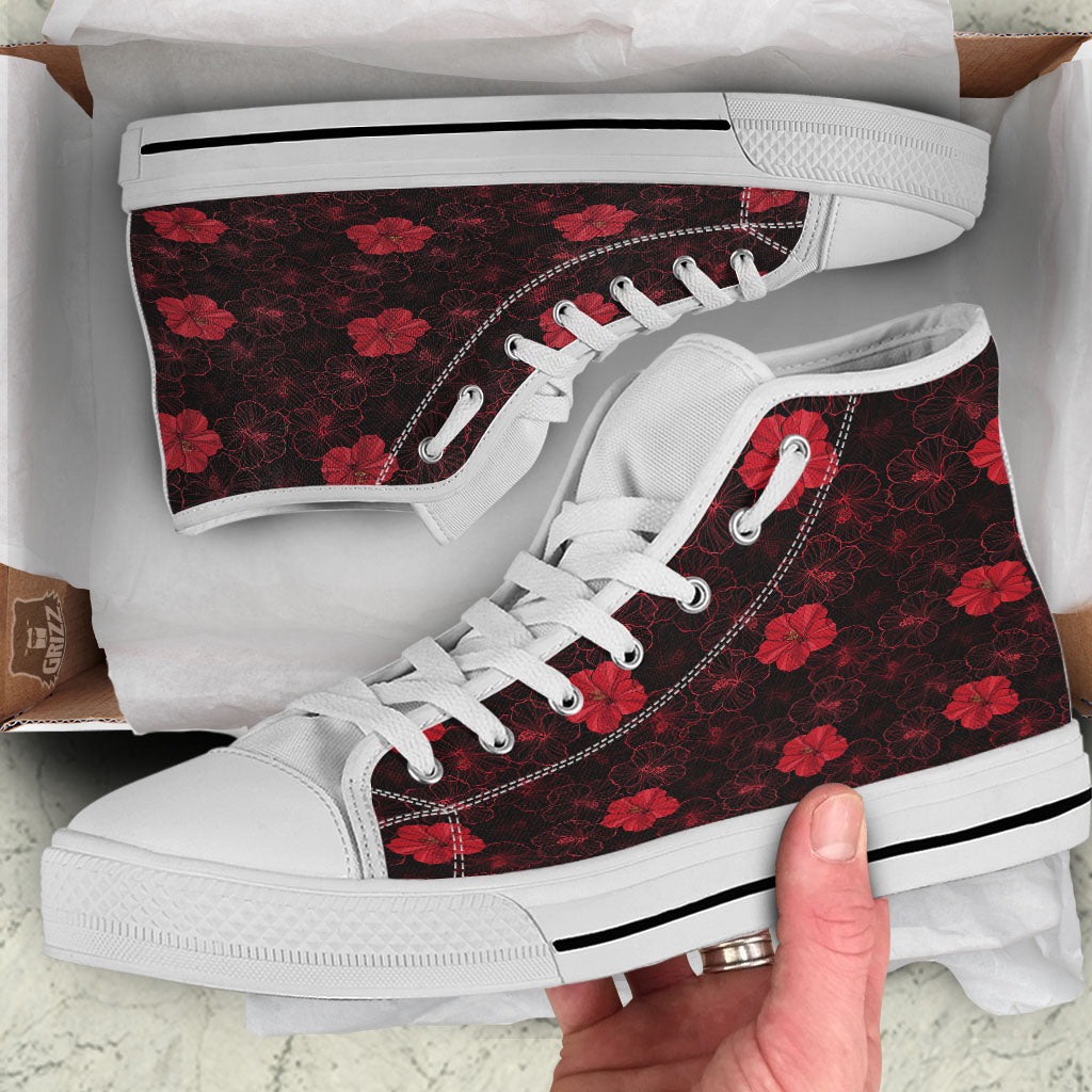 Hibiscus Red And Black Print Pattern White High Top Shoes-grizzshop