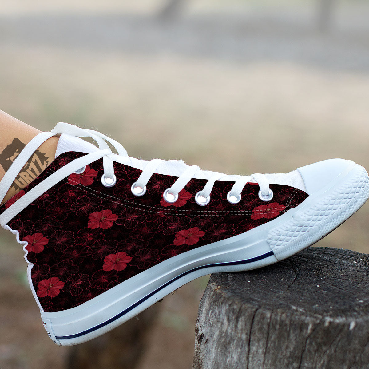 Hibiscus Red And Black Print Pattern White High Top Shoes-grizzshop