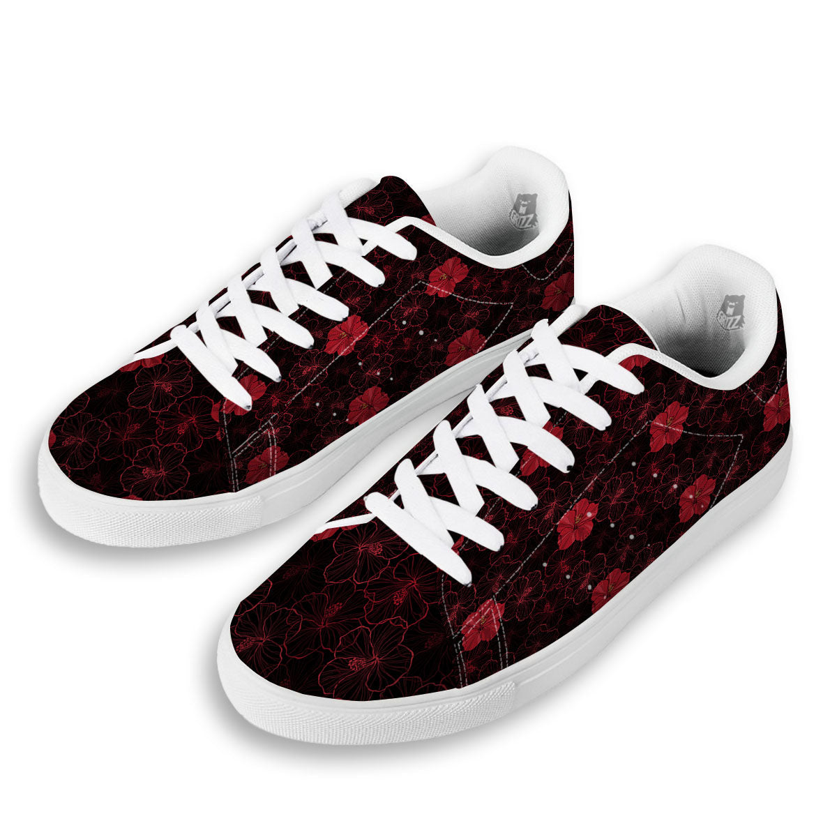 Hibiscus Red And Black Print Pattern White Low Top Sneakers-grizzshop