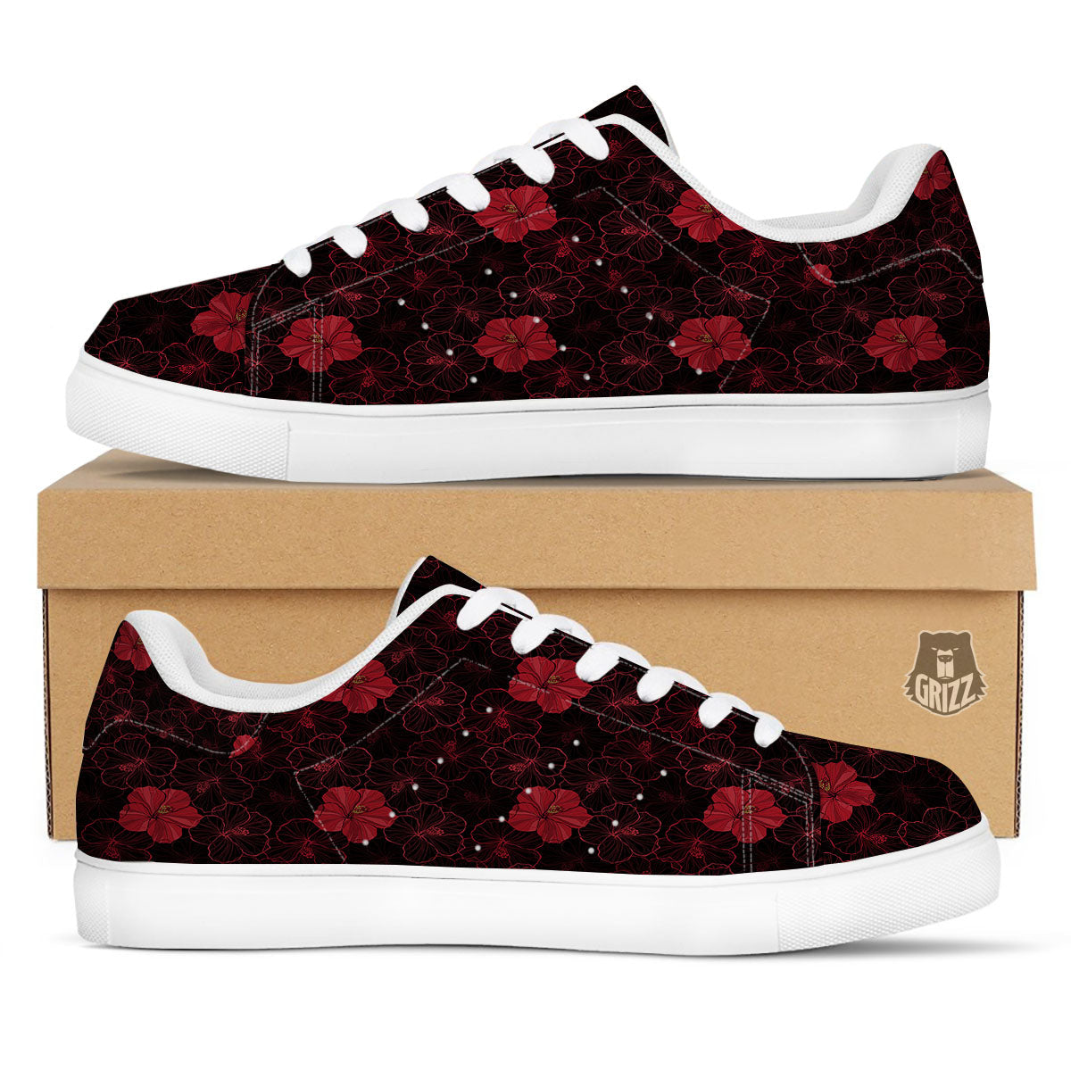Hibiscus Red And Black Print Pattern White Low Top Sneakers-grizzshop