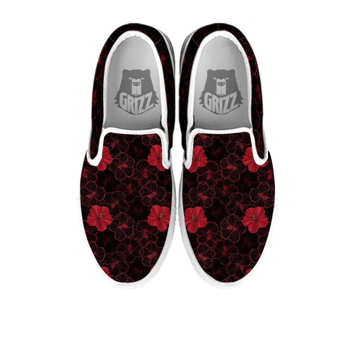 Hibiscus Red And Black Print Pattern White Slip On Shoes-grizzshop