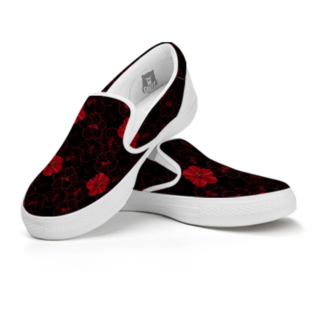 Hibiscus Red And Black Print Pattern White Slip On Shoes-grizzshop
