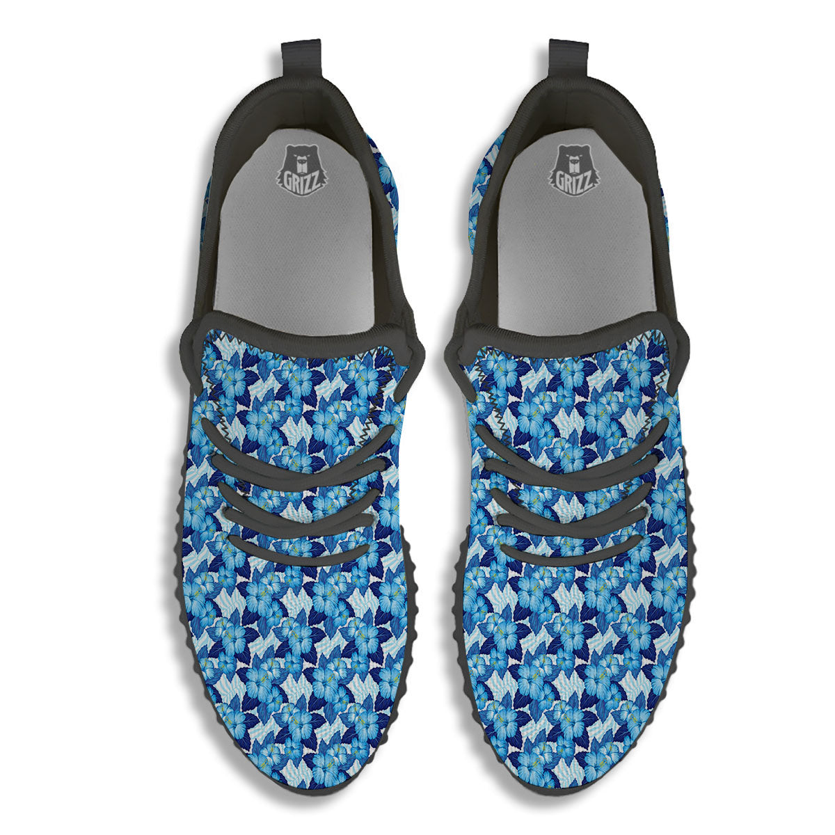 Hibiscus Tropical Blue Print Pattern Black Walking Shoes-grizzshop