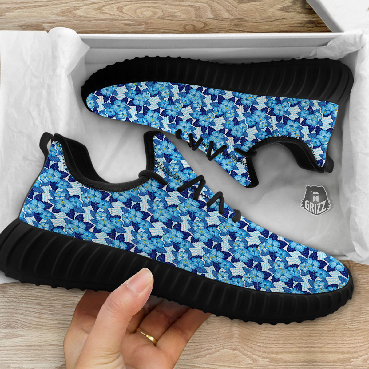 Hibiscus Tropical Blue Print Pattern Black Walking Shoes-grizzshop