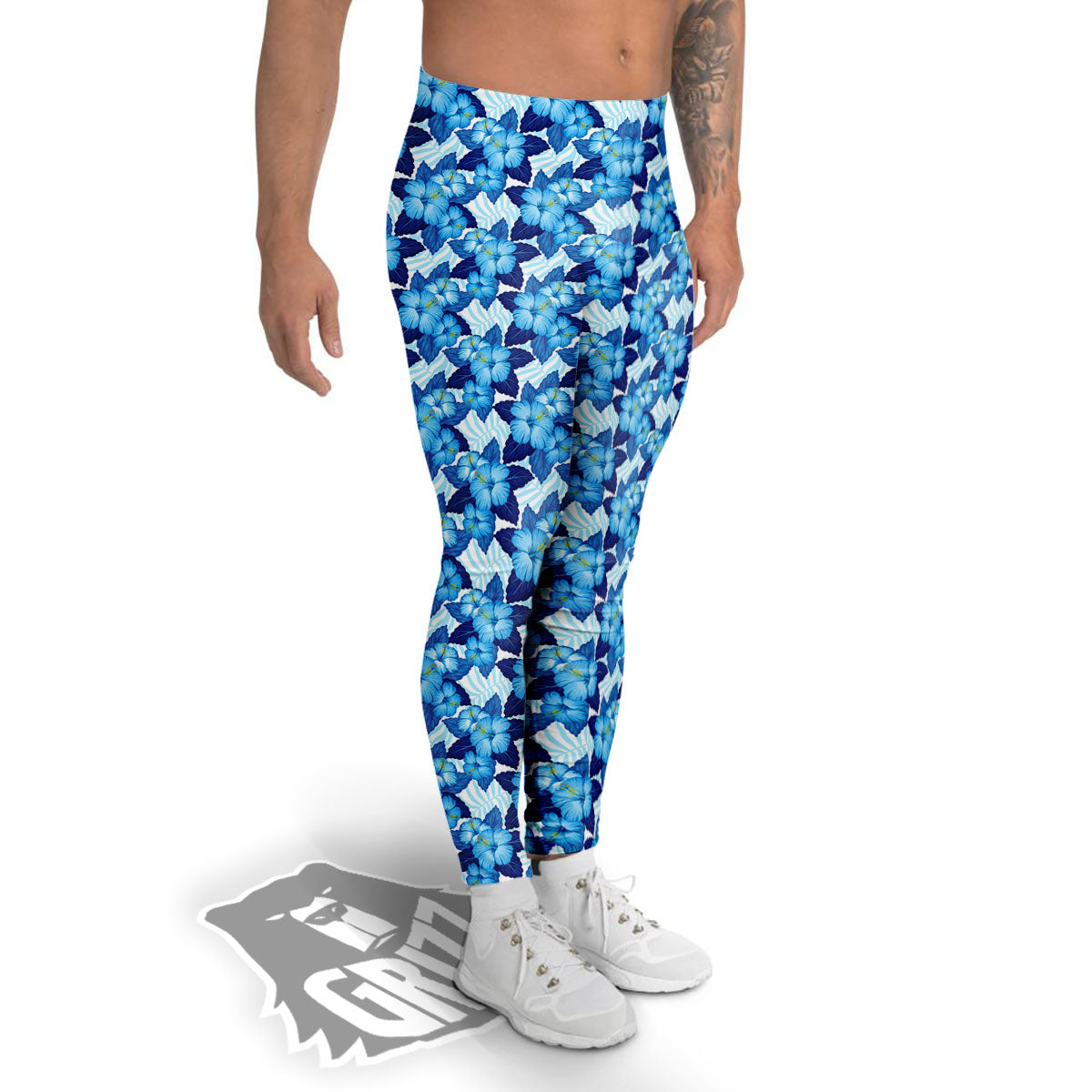 Hibiscus Tropical Blue Print Pattern Men's Leggings-grizzshop