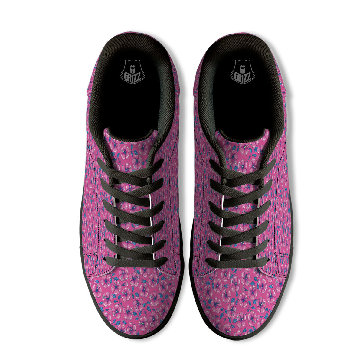 Hibiscus Tropical Hot Pink Print Pattern Black Low Top Sneakers-grizzshop