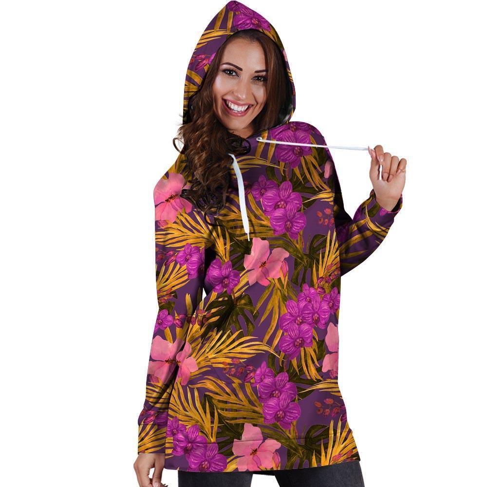 Hibiscus Watercolor Flower Hawaiian Print Hoodie Dress-grizzshop