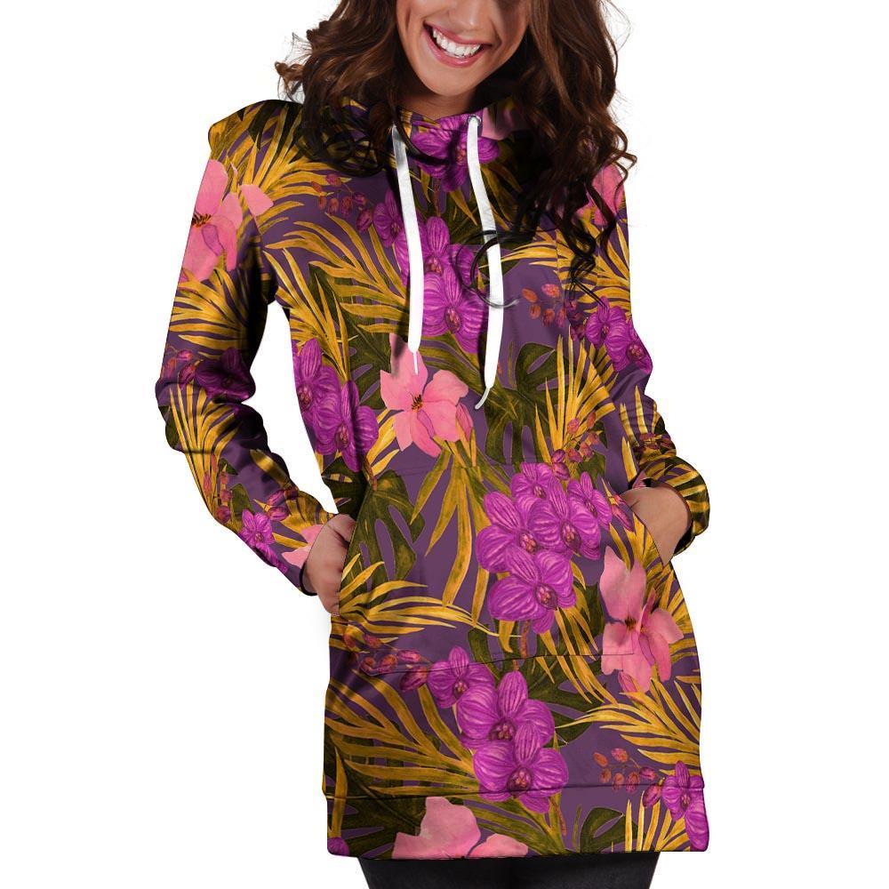 Hibiscus Watercolor Flower Hawaiian Print Hoodie Dress-grizzshop