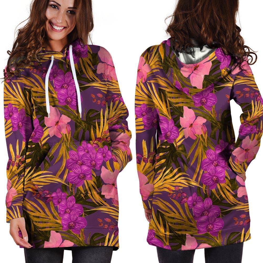 Hibiscus Watercolor Flower Hawaiian Print Hoodie Dress-grizzshop