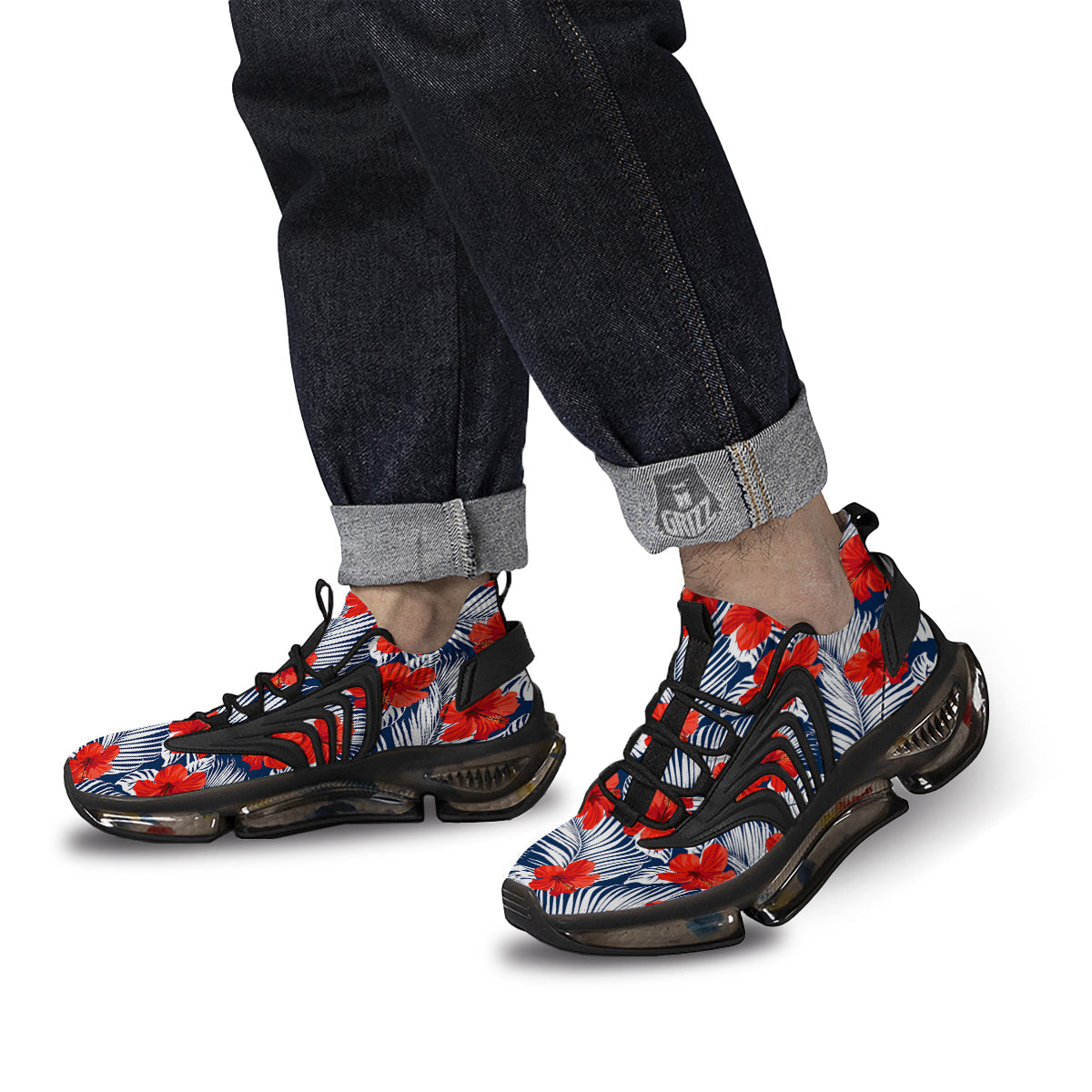 Hibiscus White Leaves Print Pattern Black Gym Shoes-grizzshop