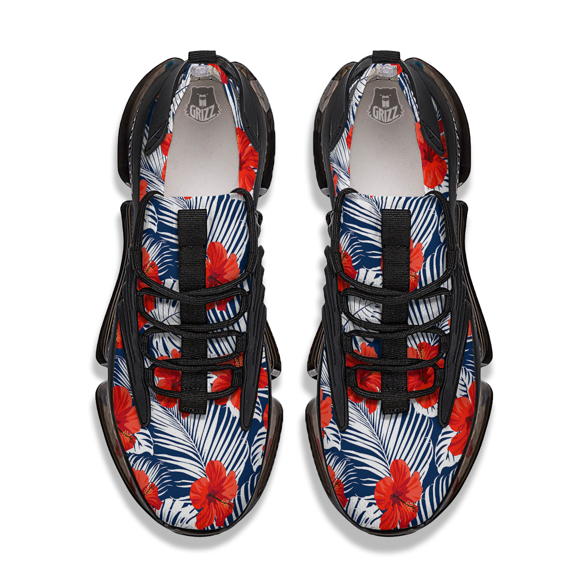 Hibiscus White Leaves Print Pattern Black Gym Shoes-grizzshop