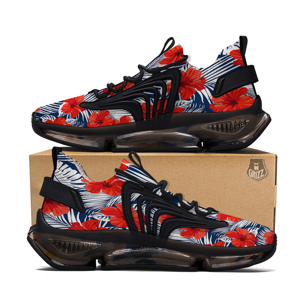 Hibiscus White Leaves Print Pattern Black Gym Shoes-grizzshop