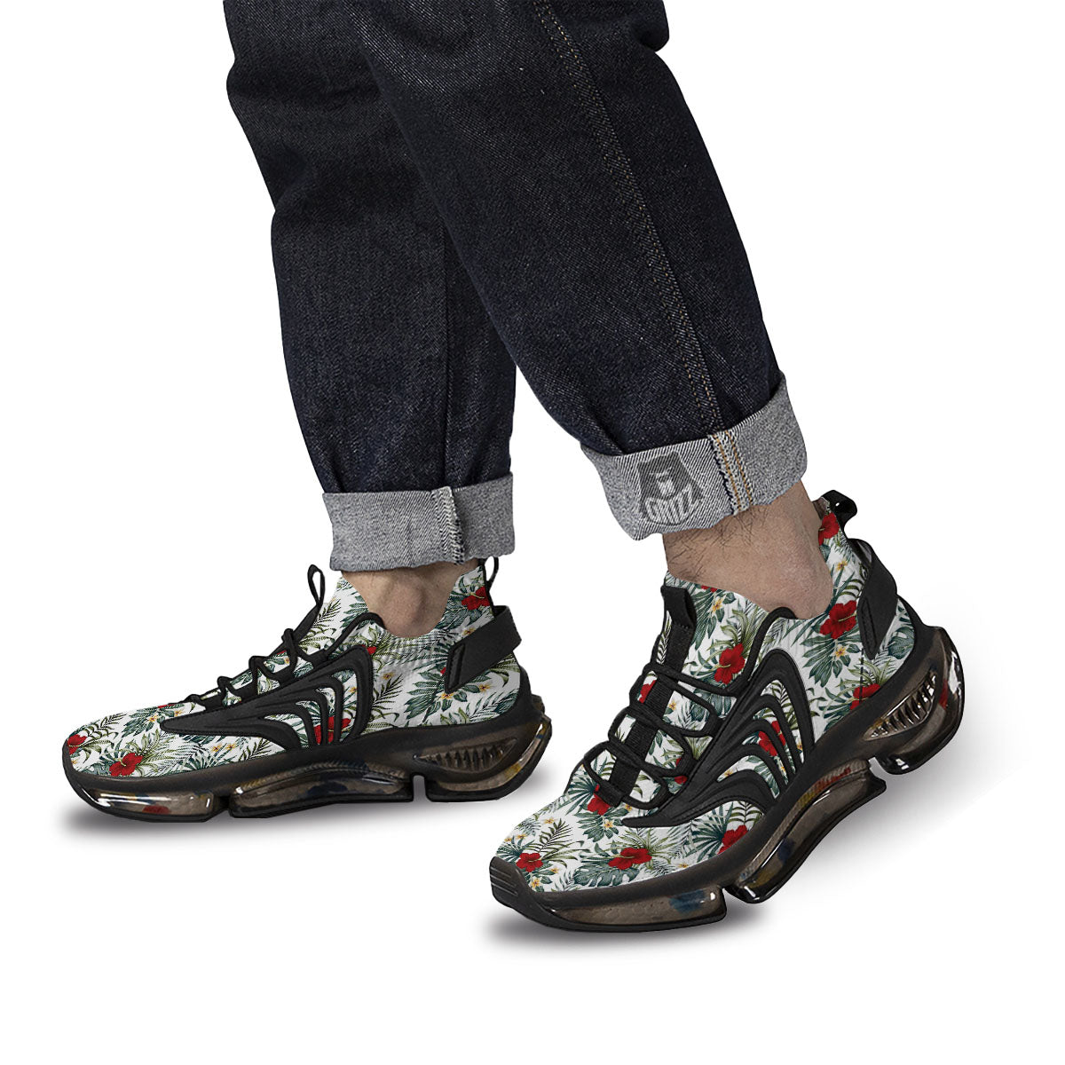 Hibiscus White Tropical Print Pattern Black Gym Shoes-grizzshop