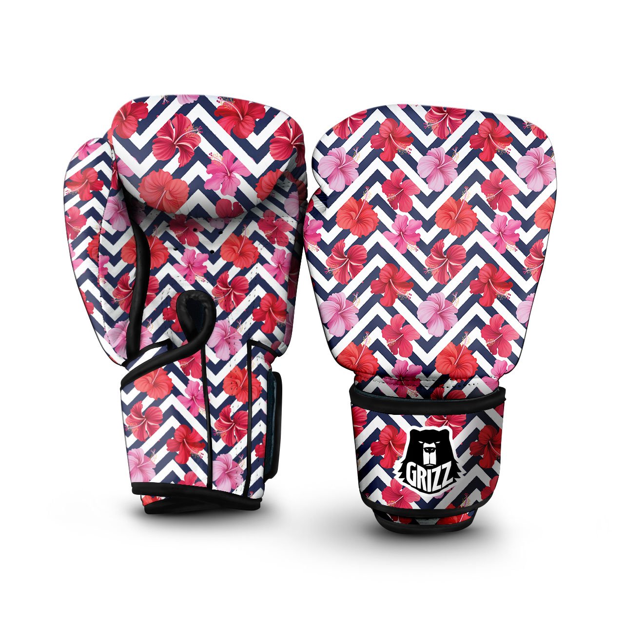 Hibiscus Zigzag Pink Print Pattern Boxing Gloves-grizzshop