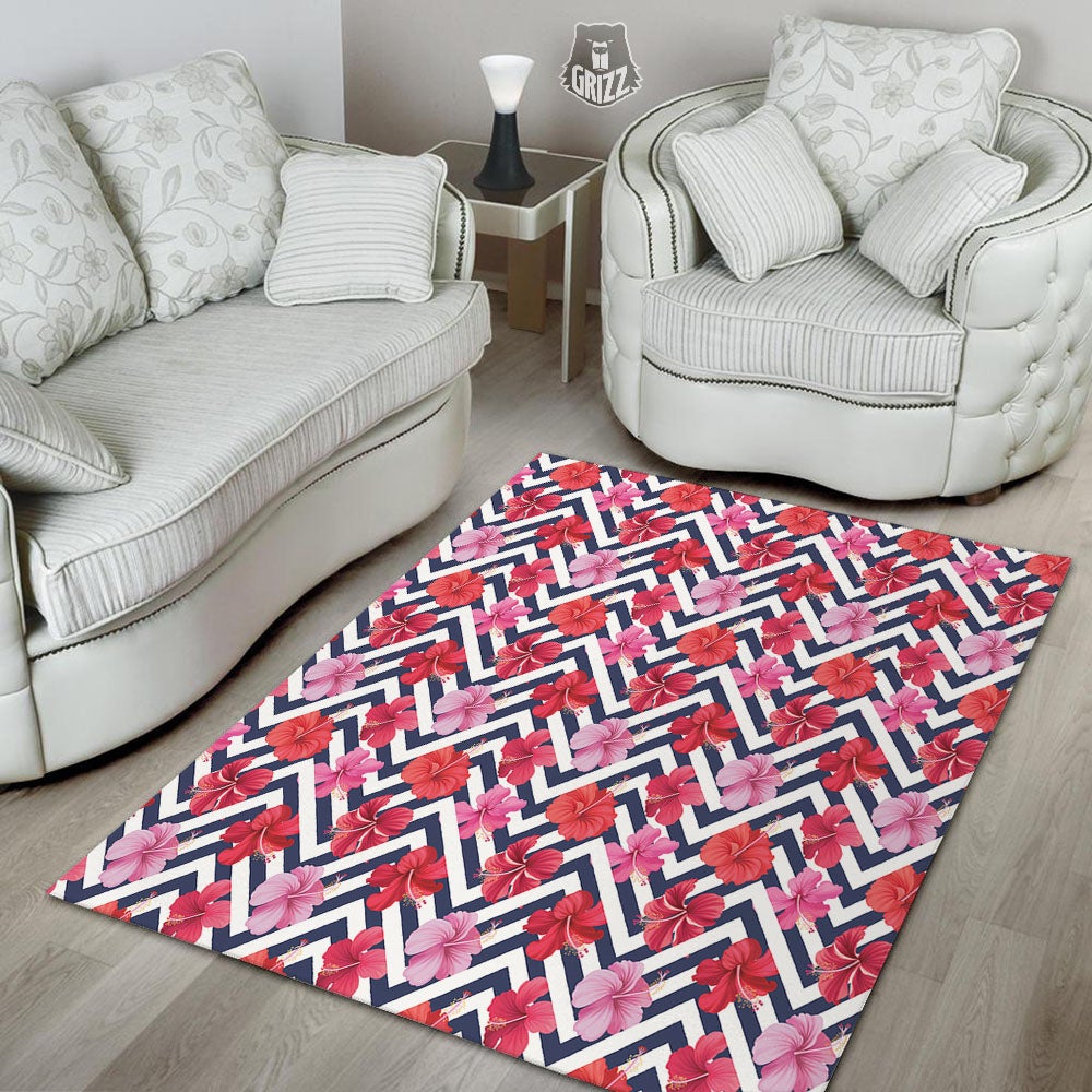 Hibiscus Zigzag Pink Print Pattern Floor Mat-grizzshop