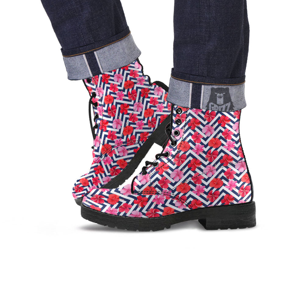 Hibiscus Zigzag Pink Print Pattern Leather Boots-grizzshop