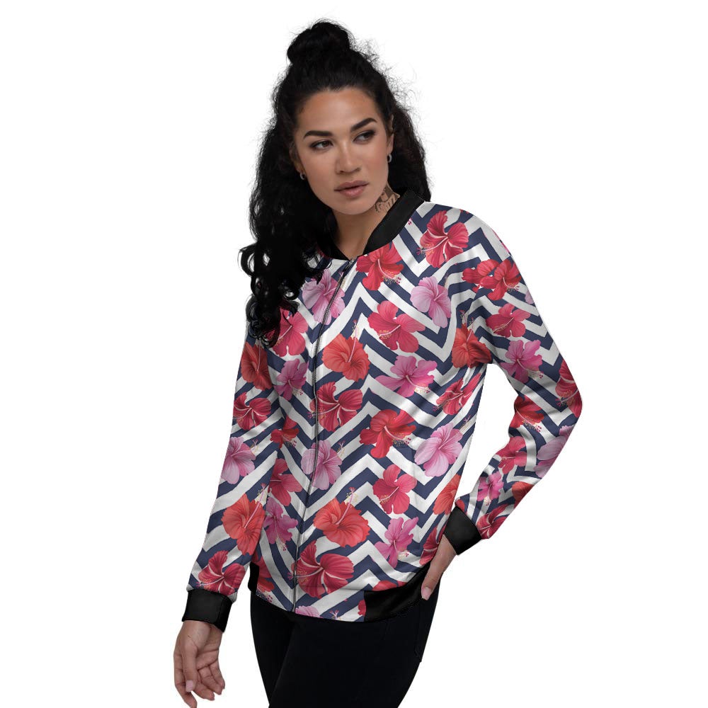 Hibiscus Zigzag Pink Print Pattern Women's Bomber Jacket-grizzshop