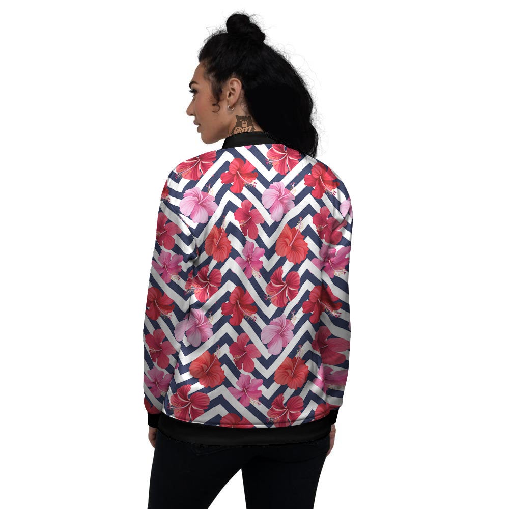 Hibiscus Zigzag Pink Print Pattern Women's Bomber Jacket-grizzshop