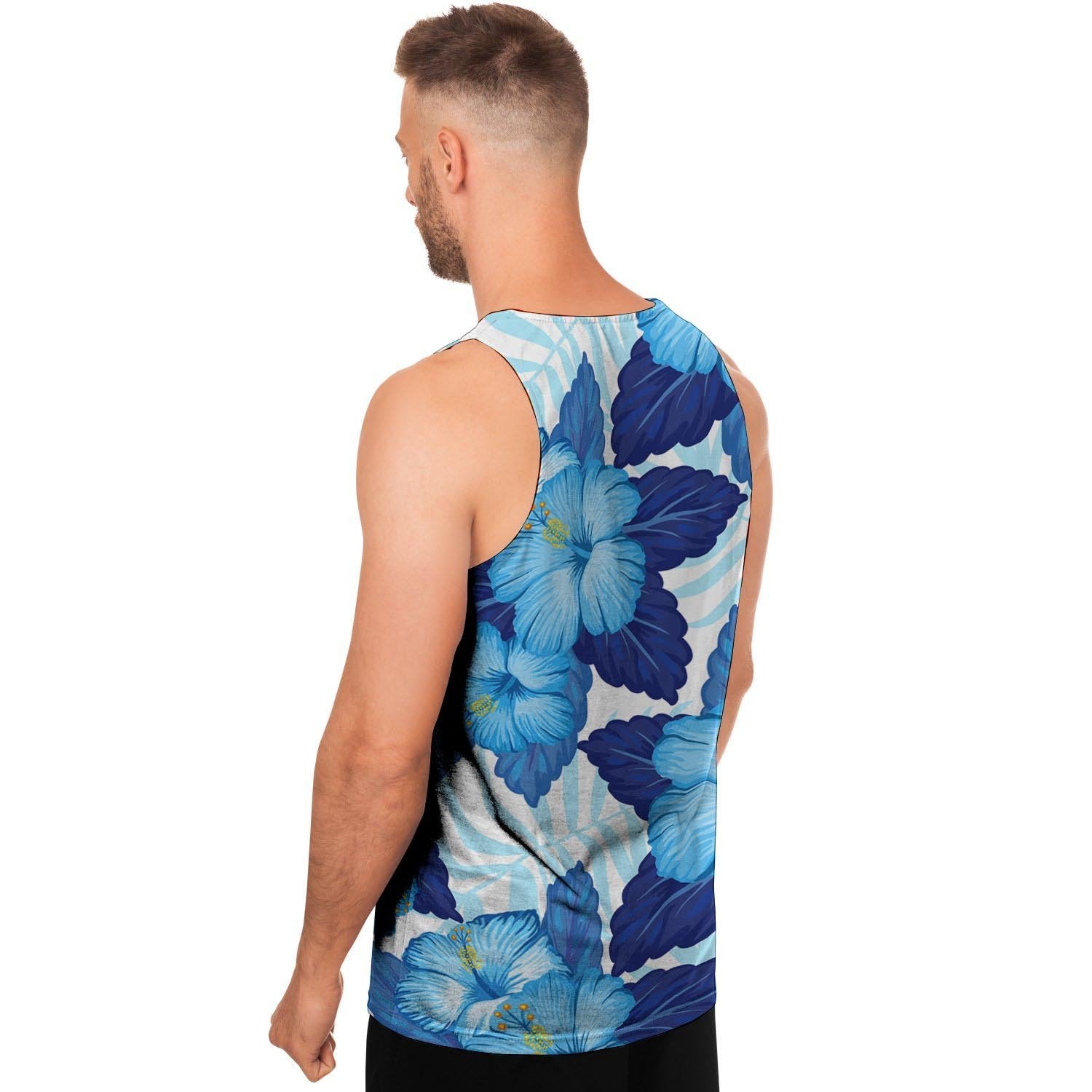 Hibiscus Blue Hawaiian Print Men's Tank Tops-grizzshop