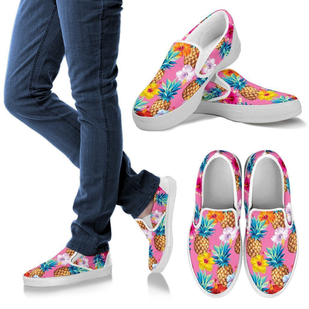 Hibiscus Pineapple Print Women Canvas Slip On Shoes-grizzshop