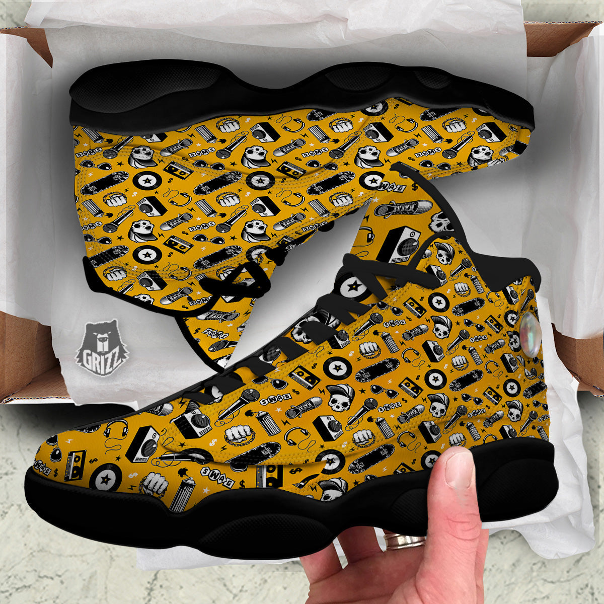 Hip Hop Equipment Print Pattern Black Basketball Shoes-grizzshop