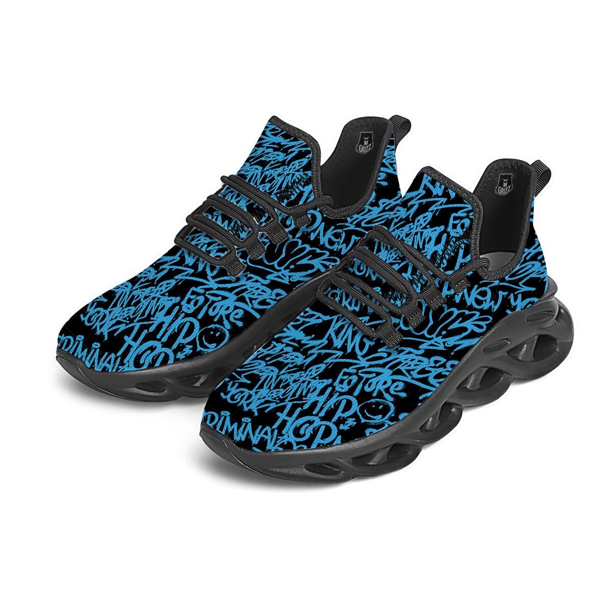 Hiphop Graffiti Blue Text Print Black Running Shoes-grizzshop