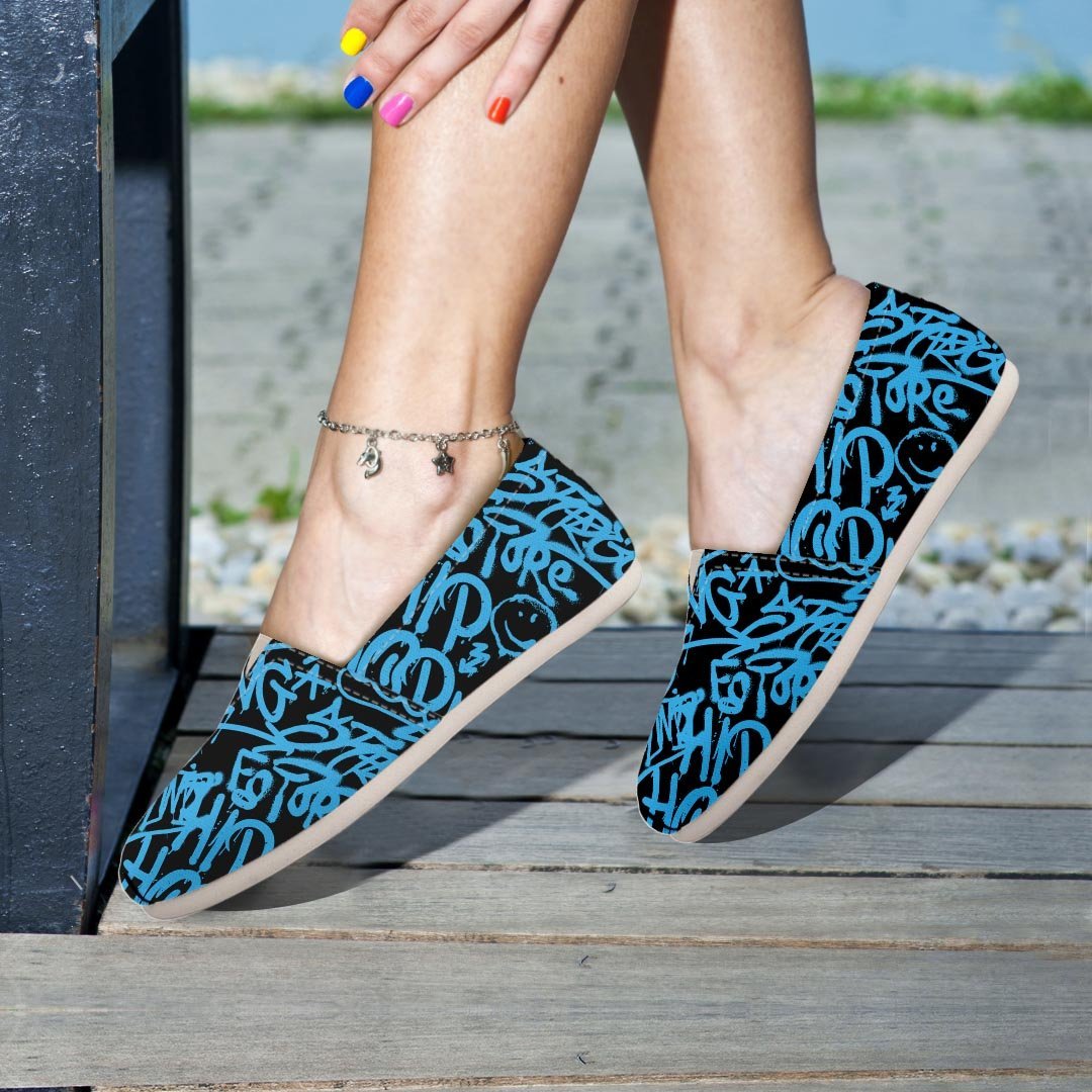 Hiphop Graffiti Blue Text Print Canvas Shoes-grizzshop