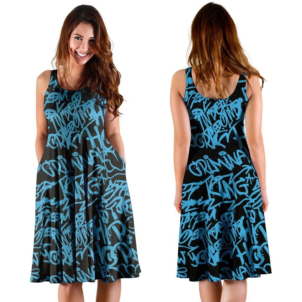 Hiphop Graffiti Blue Text Print Dress-grizzshop