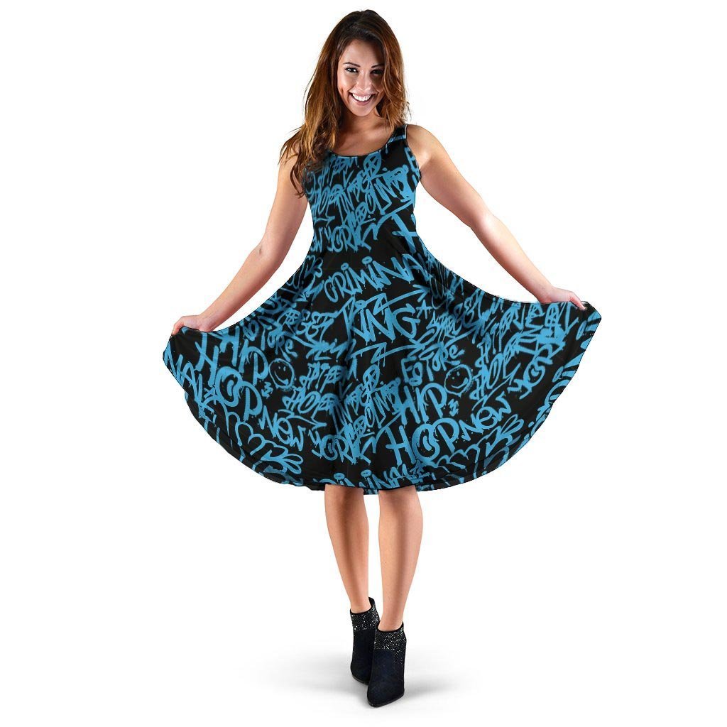 Hiphop Graffiti Blue Text Print Dress-grizzshop