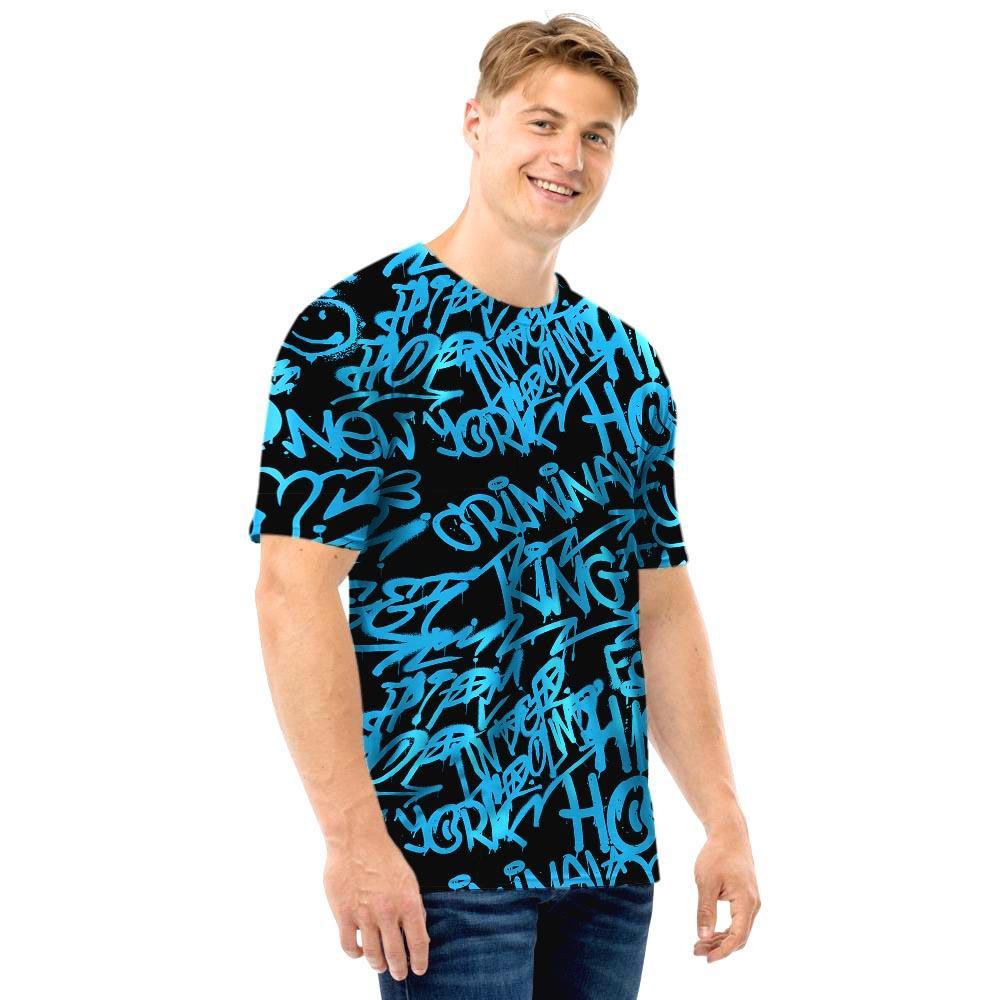 Hiphop Graffiti Blue Text Print Men T Shirt-grizzshop