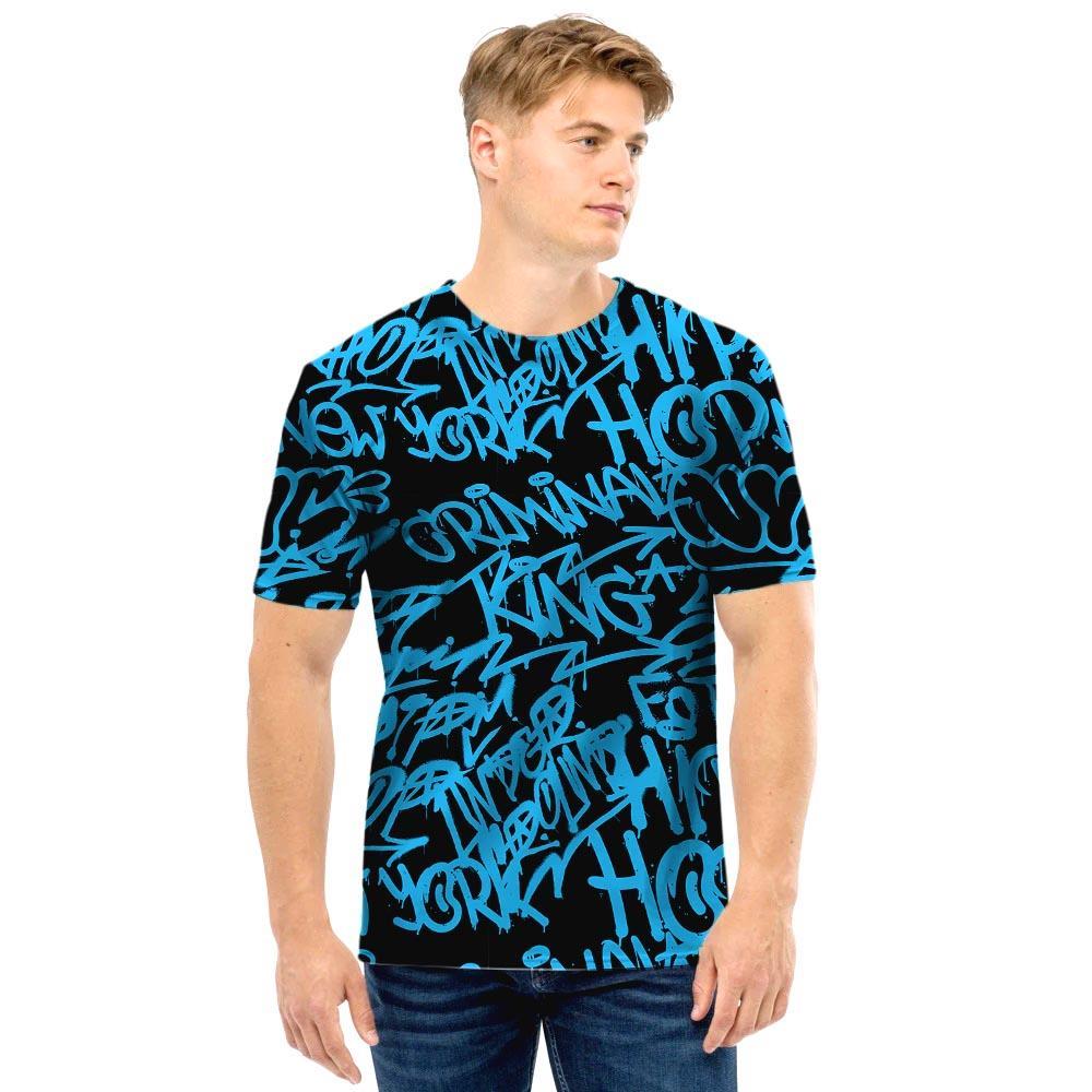 Hiphop Graffiti Blue Text Print Men T Shirt-grizzshop