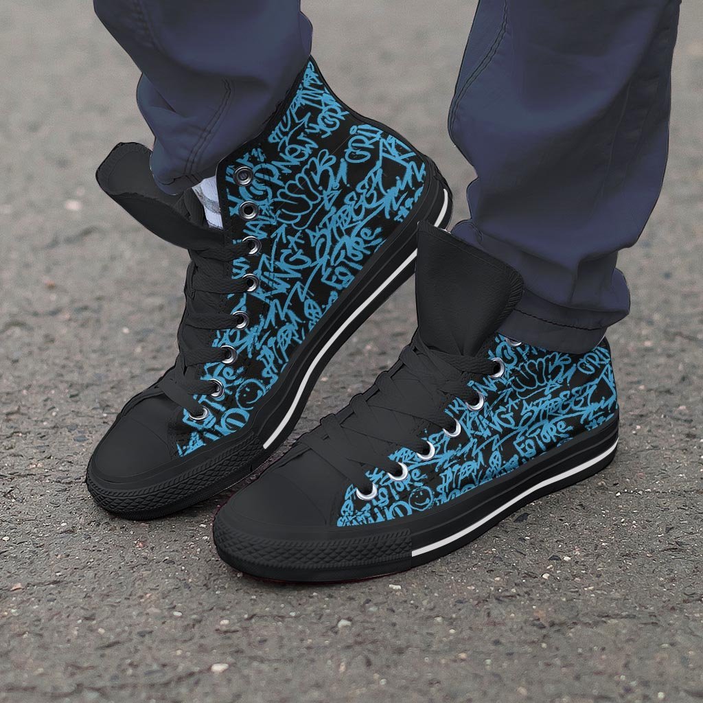 Hiphop Graffiti Blue Text Print Men's High Top Shoes-grizzshop