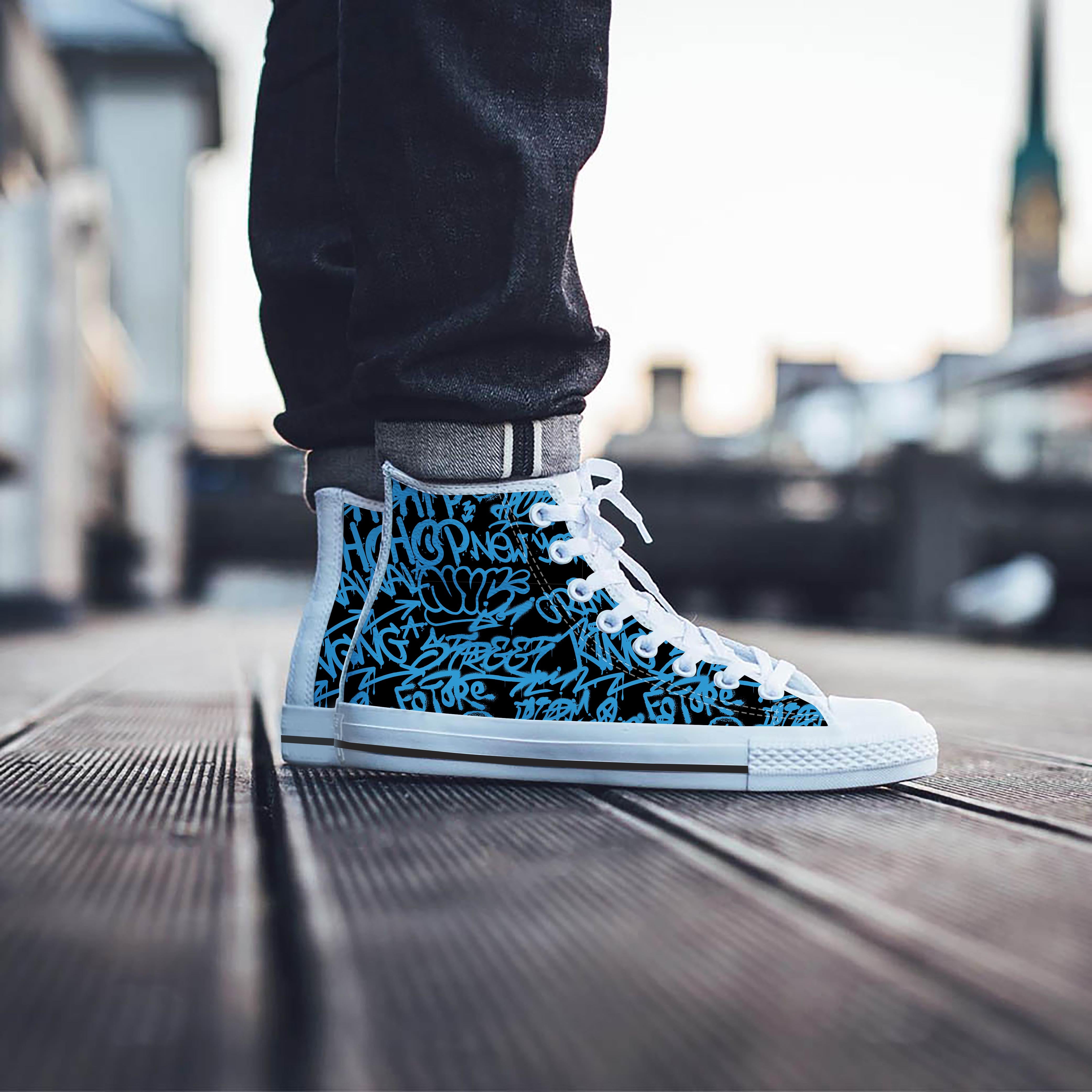 Hiphop Graffiti Blue Text Print Men's High Top Shoes-grizzshop