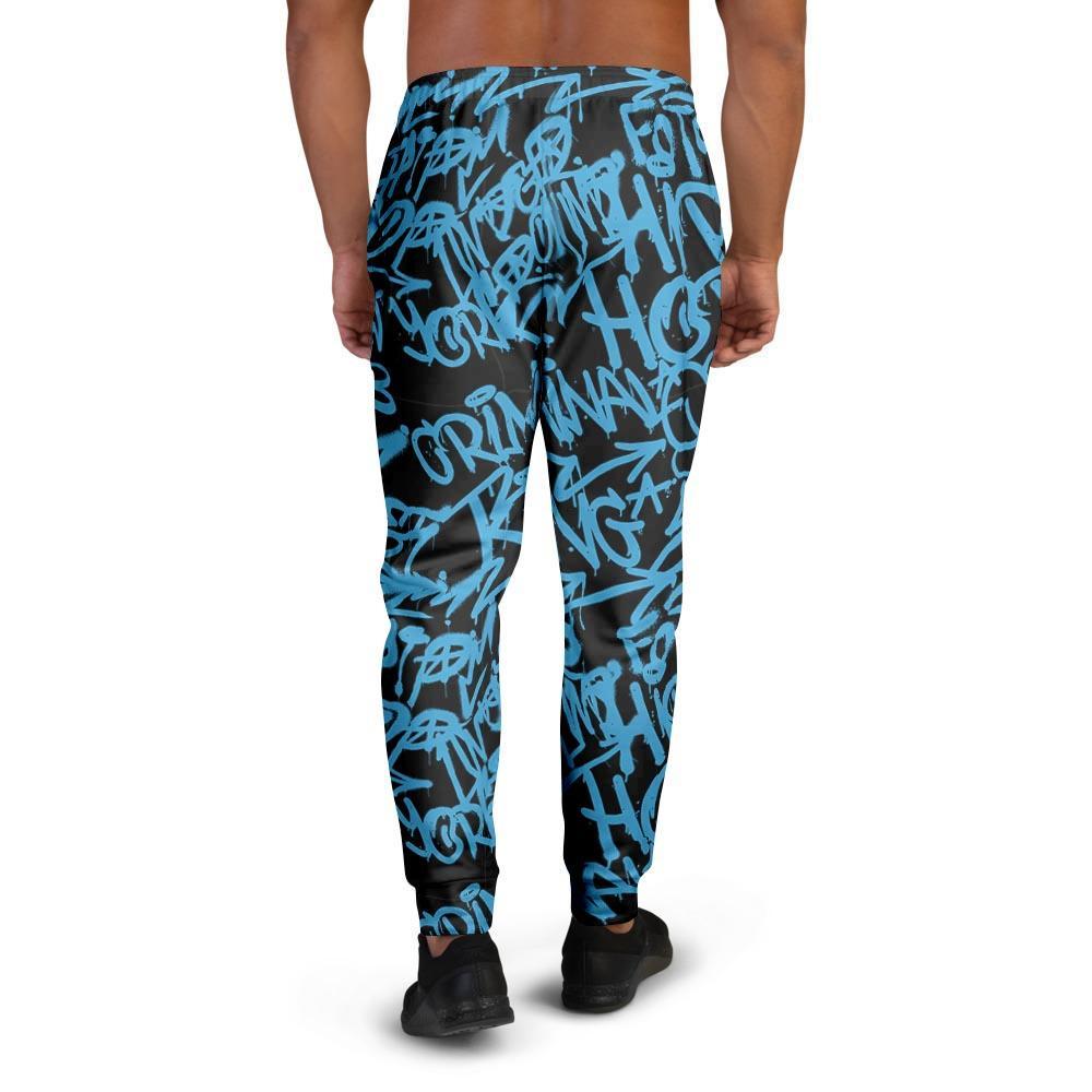 Hiphop Graffiti Blue Text Print Men's Joggers-grizzshop