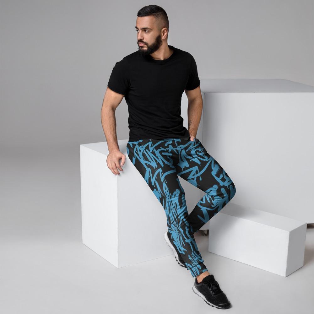 Hiphop Graffiti Blue Text Print Men's Joggers-grizzshop