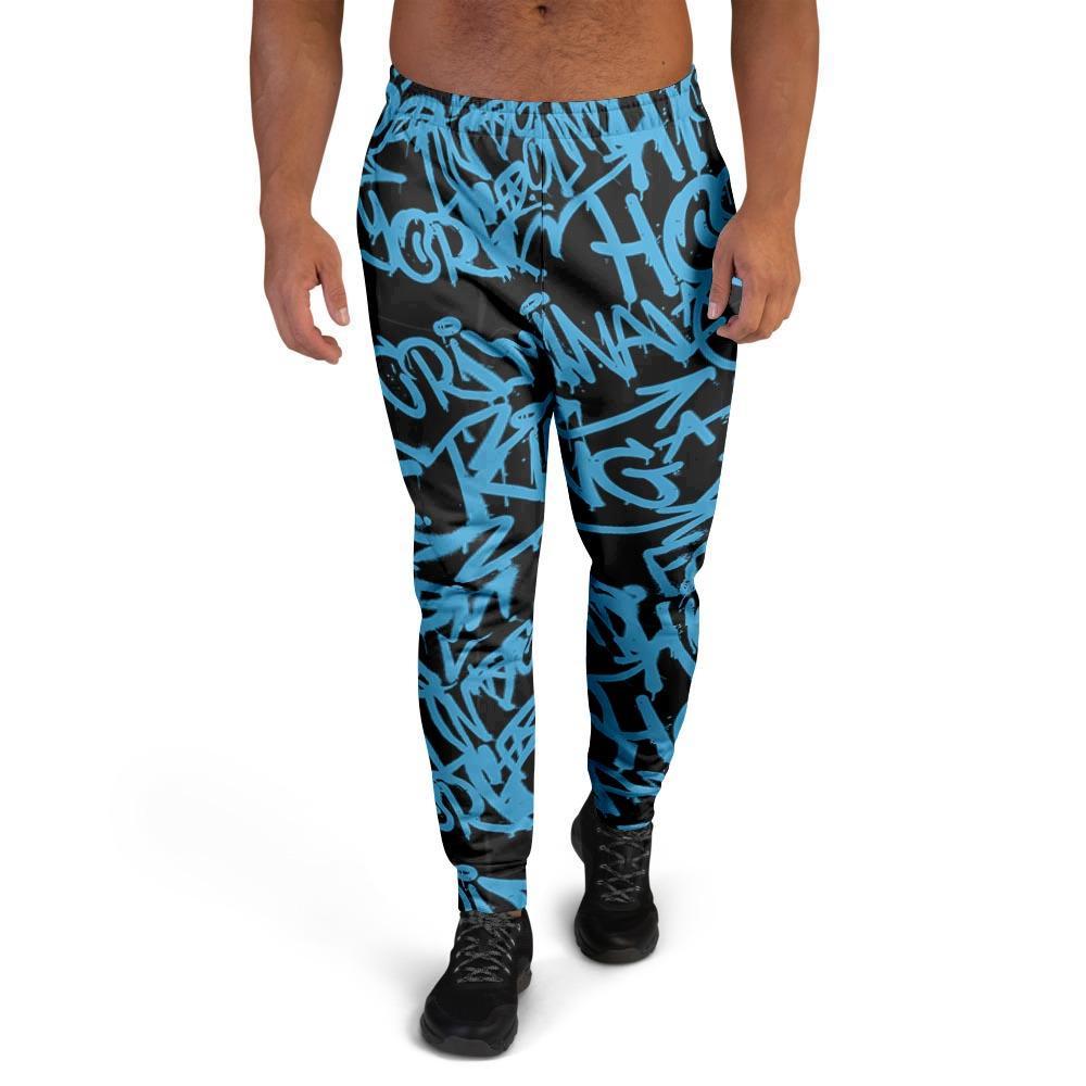 Hiphop Graffiti Blue Text Print Men's Joggers-grizzshop