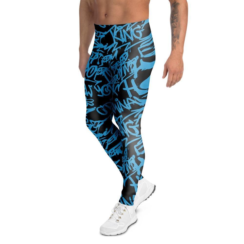 Hiphop Graffiti Blue Text Print Men's Leggings-grizzshop