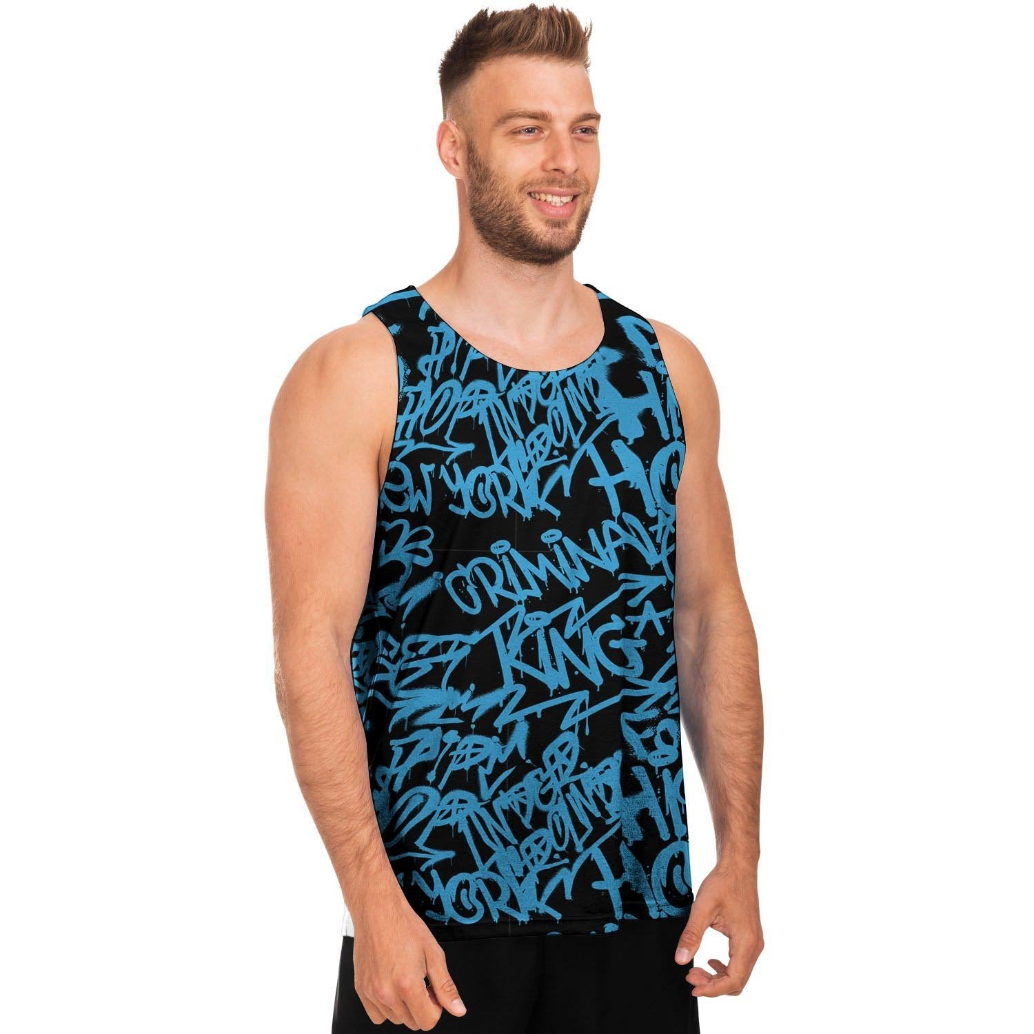 Hiphop Graffiti Blue Text Print Men's Tank Tops-grizzshop