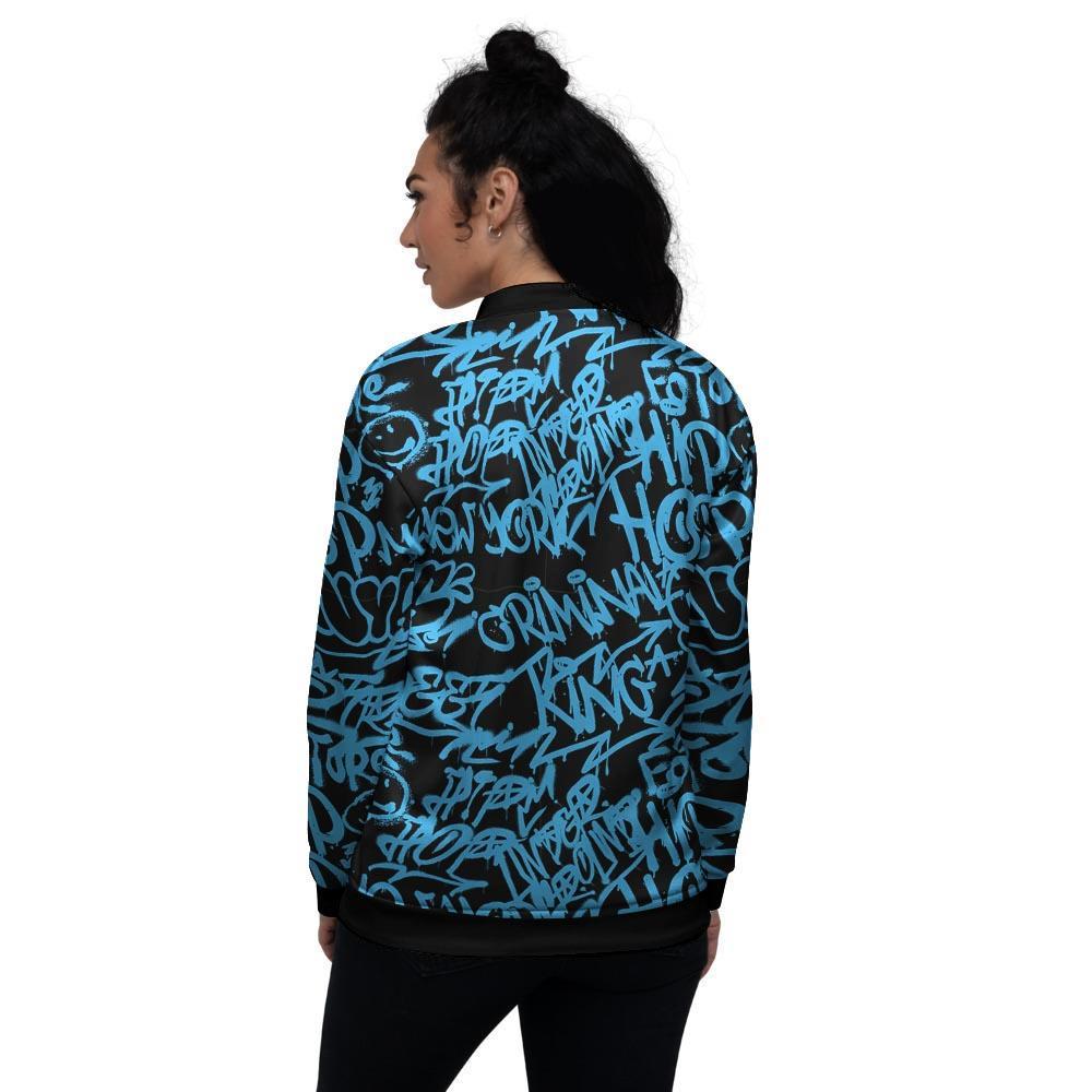 Hiphop Graffiti Blue Text Print Women's Bomber Jacket-grizzshop