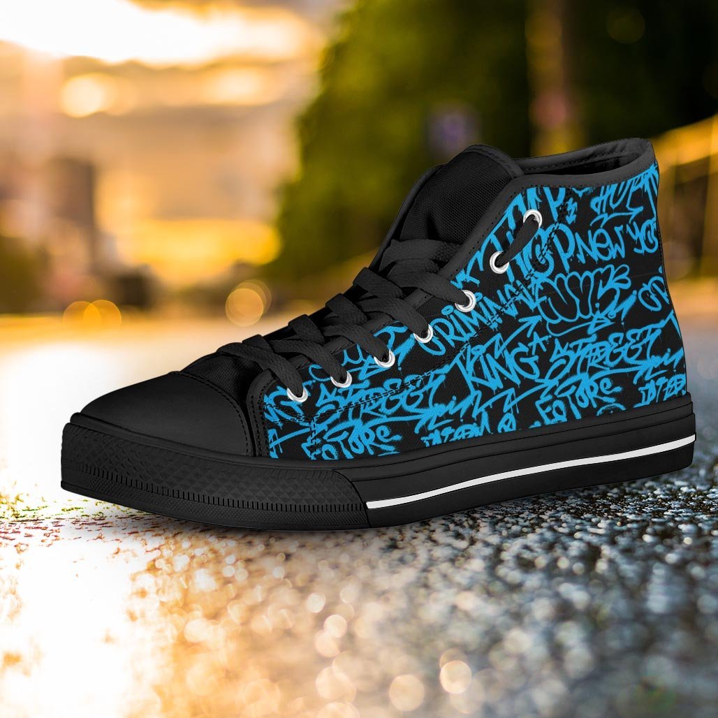 Hiphop Graffiti Blue Text Print Women's High Top Shoes-grizzshop
