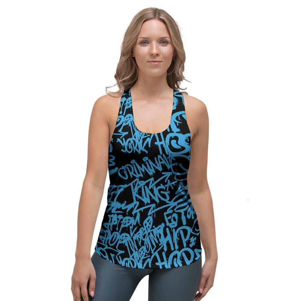Hiphop Graffiti Blue Text Print Women's Racerback Tank Top-grizzshop