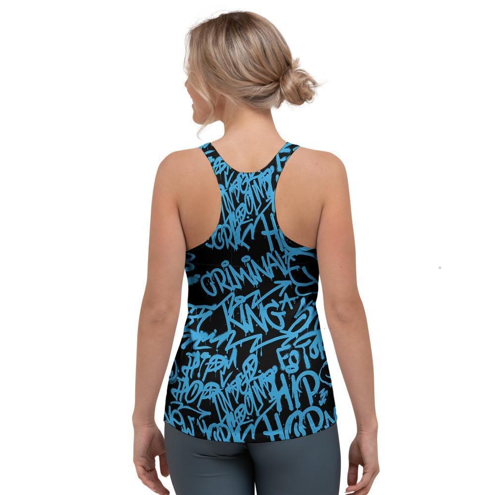 Hiphop Graffiti Blue Text Print Women's Racerback Tank Top-grizzshop