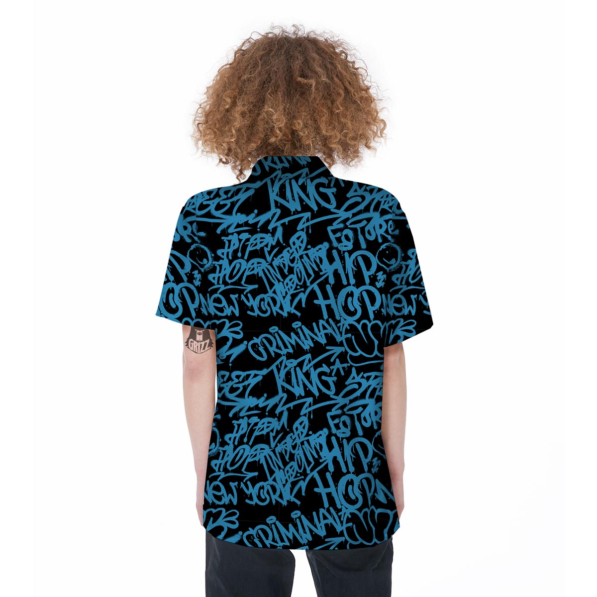 Hiphop Graffiti Blue Text Print Women's Short Sleeve Shirts-grizzshop