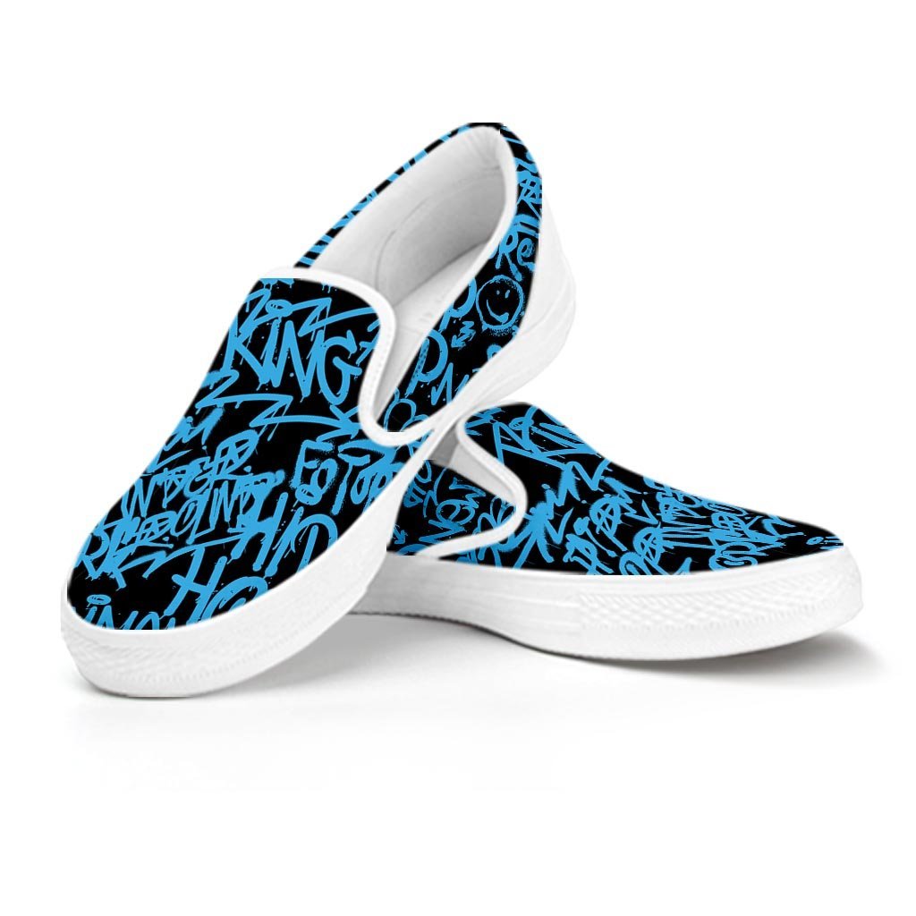 Hiphop Graffiti Blue Text Print Women's Slip On Sneakers-grizzshop