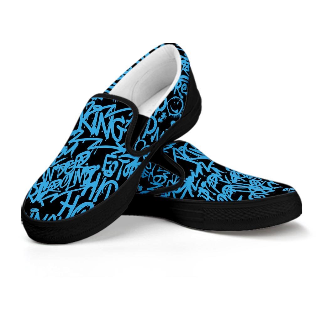 Hiphop Graffiti Blue Text Print Women's Slip On Sneakers-grizzshop