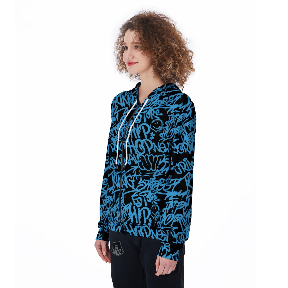 Hiphop Graffiti Blue Text Print Women's Zip Up Hoodie-grizzshop