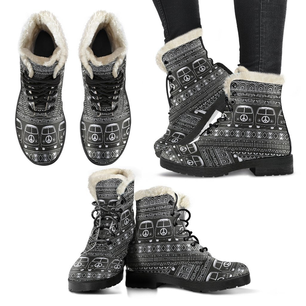Hippie Aztec Van Peace Sign Pattern Print Comfy Winter Boots-grizzshop
