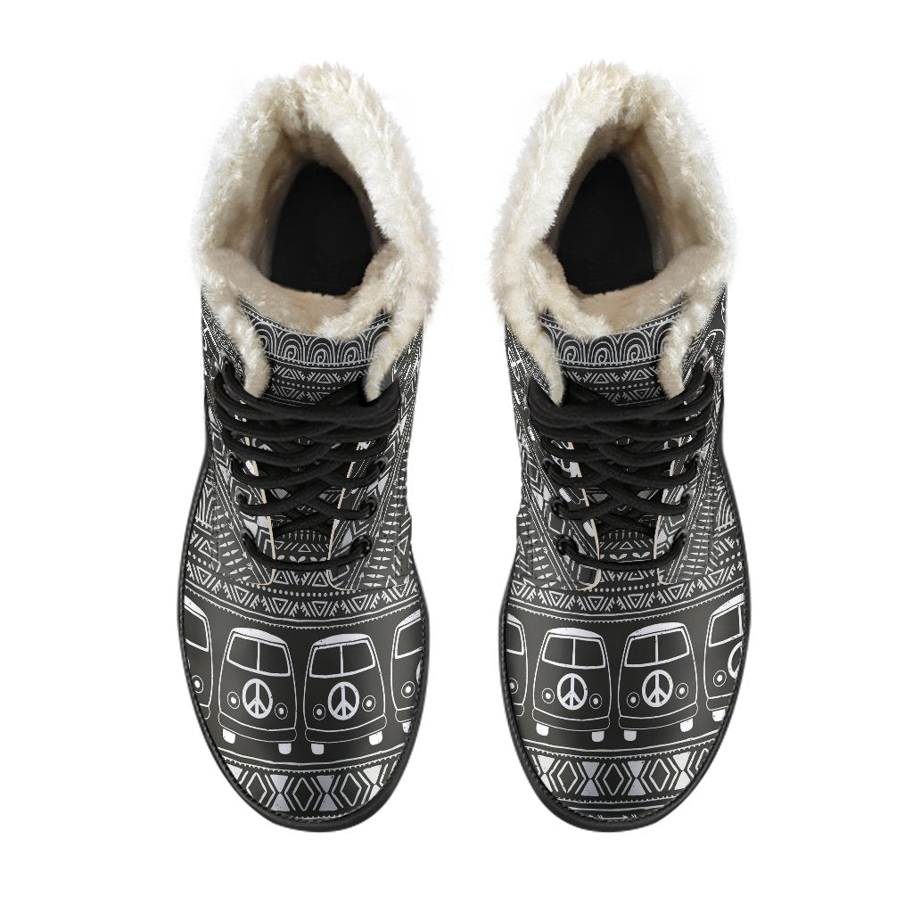 Hippie Aztec Van Peace Sign Pattern Print Comfy Winter Boots-grizzshop