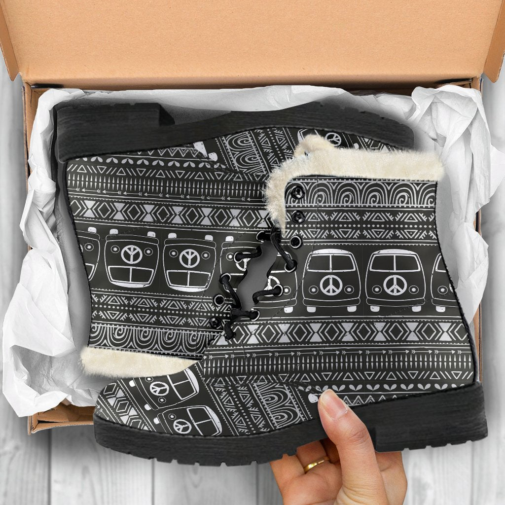 Hippie Aztec Van Peace Sign Pattern Print Comfy Winter Boots-grizzshop
