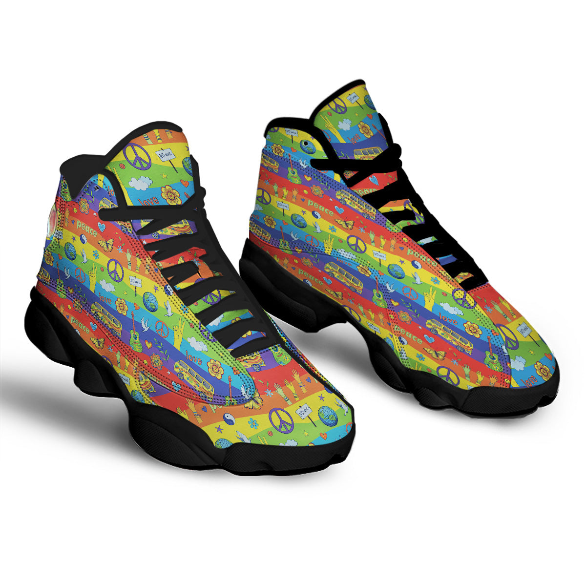 Hippie Drawing Psychedelic Wave Print Pattern Black Basketball Shoes-grizzshop